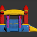 Colorful Inflatable Play Castle With Red Towers Yellow Slides And Blue Steps For Kids