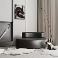 Single Black Leather Sofa Interior With Dog Figurine Floor Lamp and Wall Art
