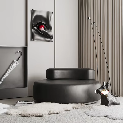 Single Black Leather Sofa Interior With Dog Figurine Floor Lamp and Wall Art 3d model