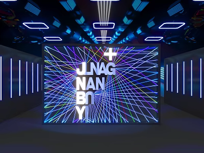 Modern Exhibition Space Featuring Large LED Screen With Glowing Lines And Neon Lights On Ceiling 3d model