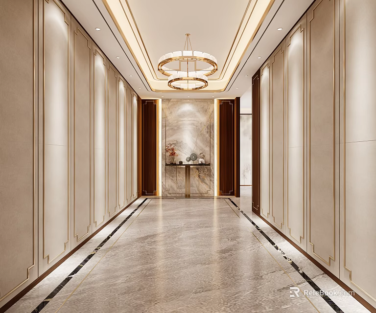 Modern Elevator Hallway Design With Marble Floor Chandelier And Decorative Wall 3d model 