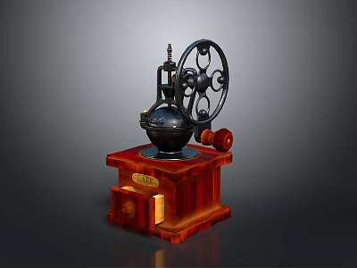 Vintage Manual Coffee Grinder Appliance With Wooden Base And Metal Grinding Components 3d model