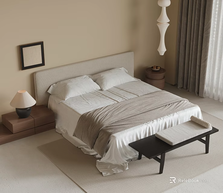 Double Bed With Beige Headboard White Sheets Gray Blanket Nightstand Lamp Bench And Window Curtains 3d model 