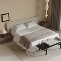 Double Bed With Beige Headboard White Sheets Gray Blanket Nightstand Lamp Bench And Window Curtains