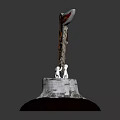 Red Shield Shaped Decorative Furniture Piece With Golden Decoration And White Tree Stump Base