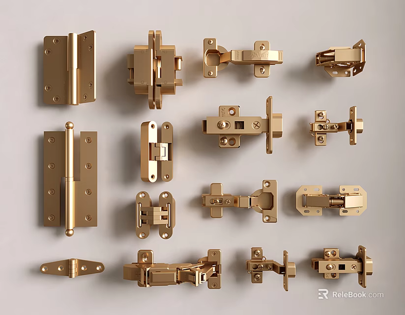 Assorted Golden Brass Hardware Parts With Various Hinges Latches And Fittings 3d model 