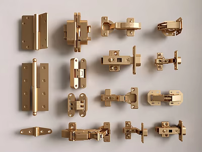 Assorted Golden Brass Hardware Parts With Various Hinges Latches And Fittings 3d model