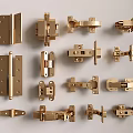 Assorted Golden Brass Hardware Parts With Various Hinges Latches And Fittings