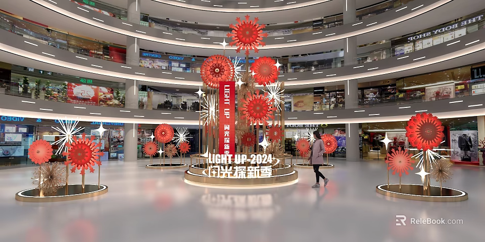 Shopping Mall Interior With Large Red Flower Decorations Multi Level Design And Shiny Floor 3d model 