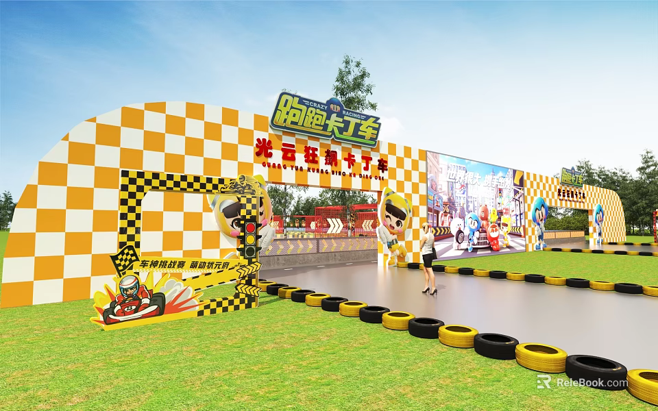 Fun Kids Go Kart Track With Checkerboard Fence And Tire Barriers On Grass Lawn 3d model 