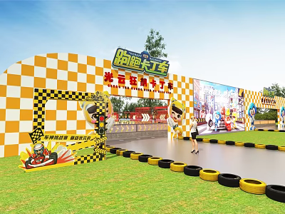 Fun Kids Go Kart Track With Checkerboard Fence And Tire Barriers On Grass Lawn 3d model