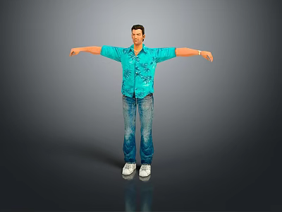 Game Movie Character In Blue Floral Shirt Blue Jeans And White Sneakers With Arms Outstretched 3d model