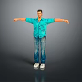 Game Movie Character In Blue Floral Shirt Blue Jeans And White Sneakers With Arms Outstretched