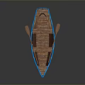 Blue and White Wooden Boat with Wooden Oars and Wooden Interior Seats