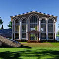 Modern Office Building With Arched Windows Green Lawn Trees And Waterfront View