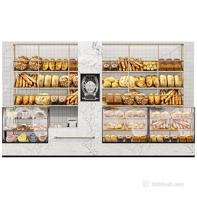 Modern Bakery Display Shelves with Metal Frames Glass Cases Marble Countertop Holding Assorted Breads Pastries 3d model 