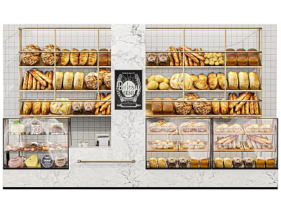 Modern Bakery Display Shelves with Metal Frames Glass Cases Marble Countertop Holding Assorted Breads Pastries 3d model