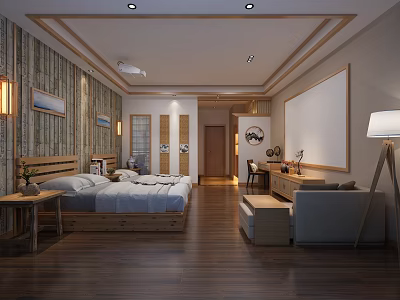 Cozy Modern Hotel Guest Room With Wooden Wall Floor Bed Sofa And Floor Lamp 3d model