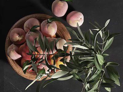 Ceramic Bowl Filled With Fresh Peaches And Green Olive Branch On Black Background 3d model