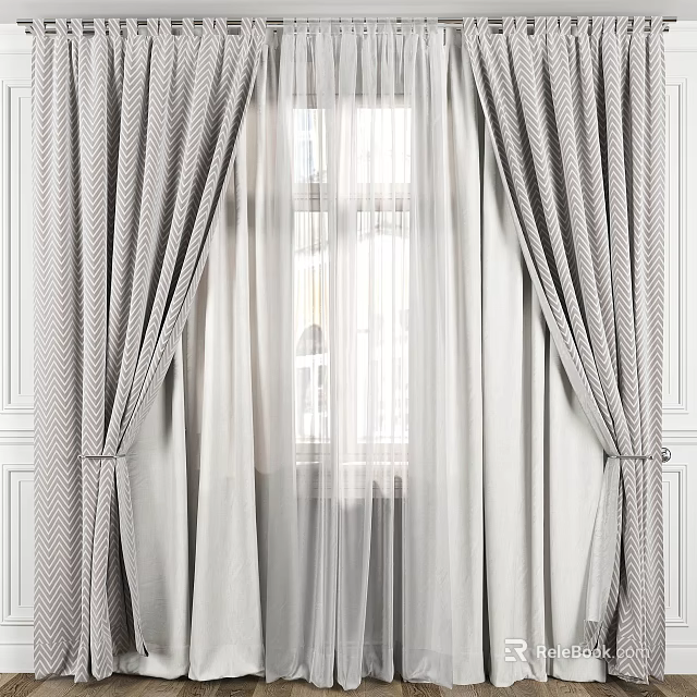 Gray Tied Back Curtains With White Sheer Layers For Window Interior Decoration 3d model