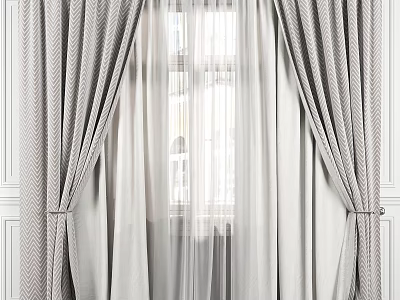 Gray Tied Back Curtains With White Sheer Layers For Window Interior Decoration 3d model