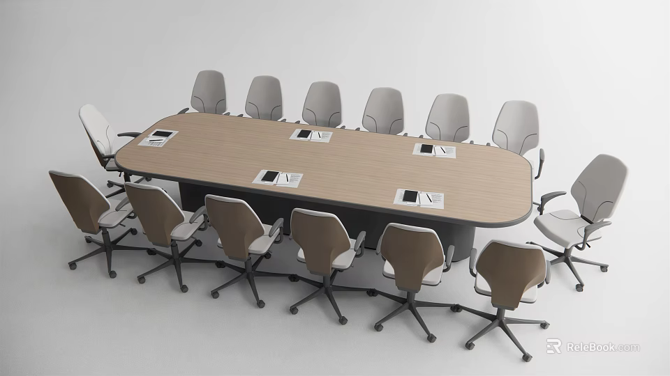 Modern Wooden Conference Table with Ergonomic Office Chairs and Digital Devices 3d model 