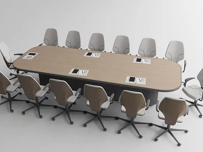 Modern Wooden Conference Table with Ergonomic Office Chairs and Digital Devices 3d model