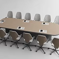 Modern Wooden Conference Table with Ergonomic Office Chairs and Digital Devices