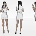 Woman in White Uniform with Face Mask Braided Pigtails and High Heels from Different Angles