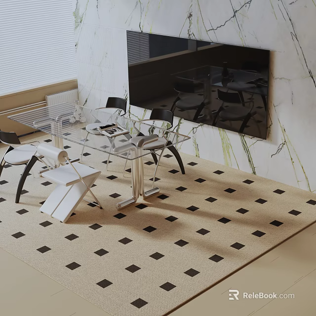 Modern Glass Dining Table Set With Chairs On Patterned Rug And Marble Wall Background 3d model 