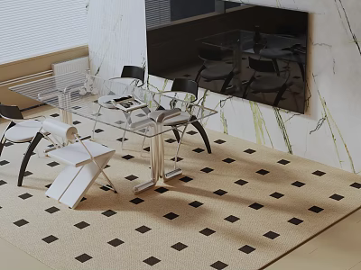 Modern Glass Dining Table Set With Chairs On Patterned Rug And Marble Wall Background 3d model