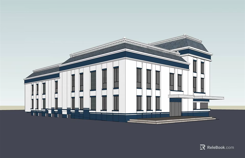 Modern Office Building Exterior Design With White Facade Blue Accents And Multiple Windows 3d model 