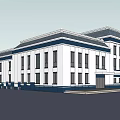 Modern Office Building Exterior Design With White Facade Blue Accents And Multiple Windows