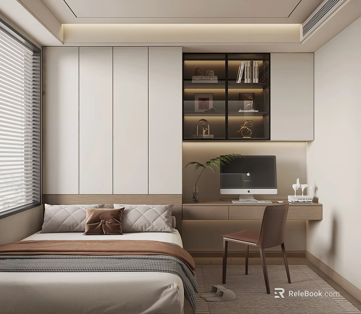 Modern Tatami Bedroom Interior with Tatami Bed Desk Chair Bookshelf and Window Roller Blinds 3d model 