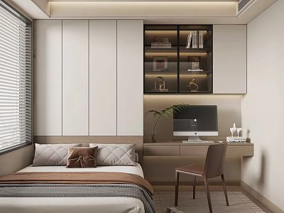 Modern Tatami Bedroom Interior with Tatami Bed Desk Chair Bookshelf and Window Roller Blinds 3d model