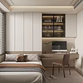 Modern Tatami Bedroom Interior with Tatami Bed Desk Chair Bookshelf and Window Roller Blinds