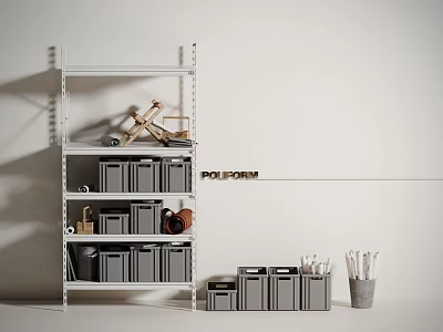 Modern White Metal Shelving Unit With Grey Storage Boxes Small Cabinet And POLIFORM Branding 3d model