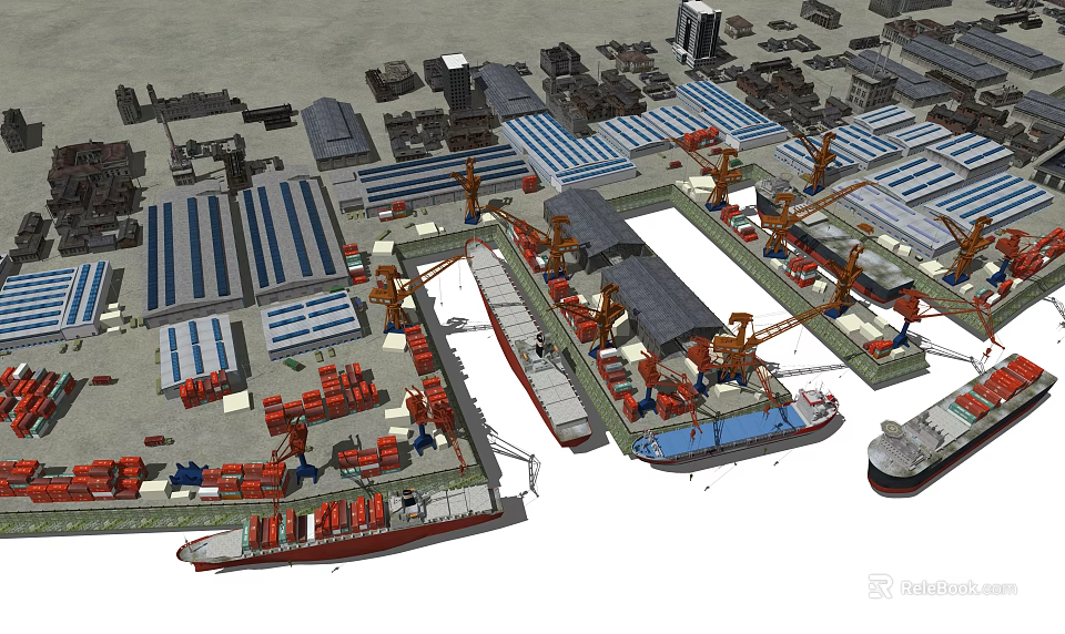 Container Buildings In Port Logistics Zone With Cranes Storage Facilities And Ships 3d model 