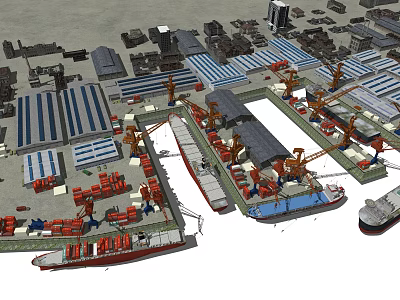 Container Buildings In Port Logistics Zone With Cranes Storage Facilities And Ships 3d model