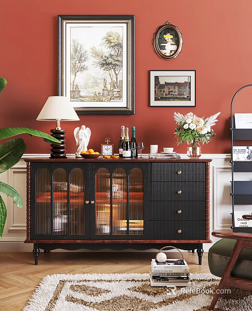 Black Console Cabinet With Glass Doors Drawers Table Lamp And Flower Vase On Red Wall 3d model 