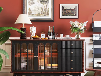 Black Console Cabinet With Glass Doors Drawers Table Lamp And Flower Vase On Red Wall 3d model