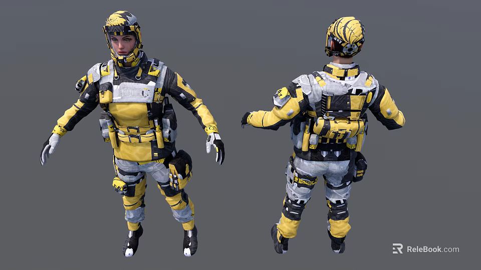 Game Film Character Wearing Yellow Black Tactical Gear With Helmet And Backpack 3d model 