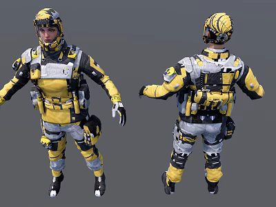 Game Film Character Wearing Yellow Black Tactical Gear With Helmet And Backpack 3d model