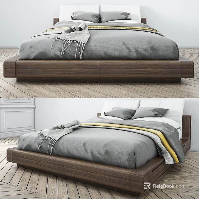 Modern Double Bed With Wooden Frame Gray Bedding And Striped Blanket 3d model 