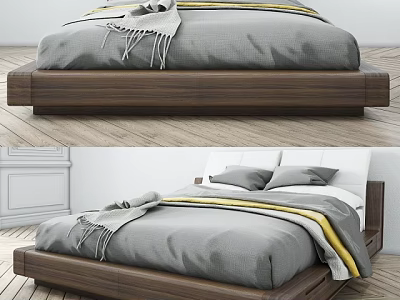 Modern Double Bed With Wooden Frame Gray Bedding And Striped Blanket 3d model