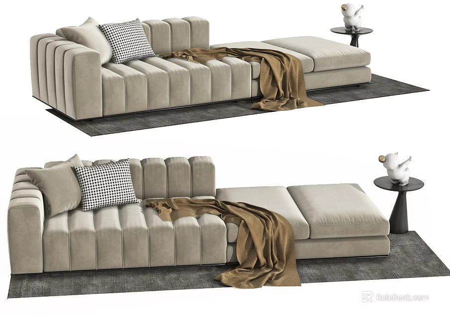Light Gray Sectional Sofa with Checkered Pillow Brown Blanket and Side Table Decorations 3d model