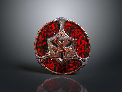 Circular Decorative Badge With Red Background Metallic Frame And Intricate Geometric Interlaced Patterns 3d model