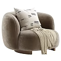 Olive Green Velvet Armchair With Decorative Pillow And Knitted Throw Blanket On Wooden Base