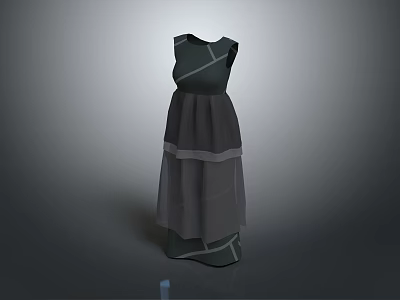 Sleeveless Layered Dark Gray Dress With Tulle Fabric And White Stripe Details 3d model