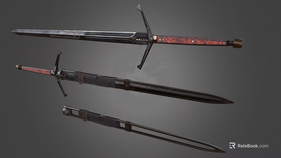 Medieval Sword With Decorative Red Hilt Sharp Blade And Black Scabbard In Multiple Views 3d model